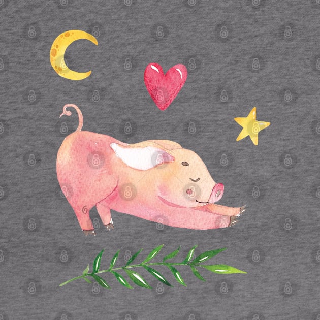 Yoga Piglet with Half Moon Heart and Star by susannefloe